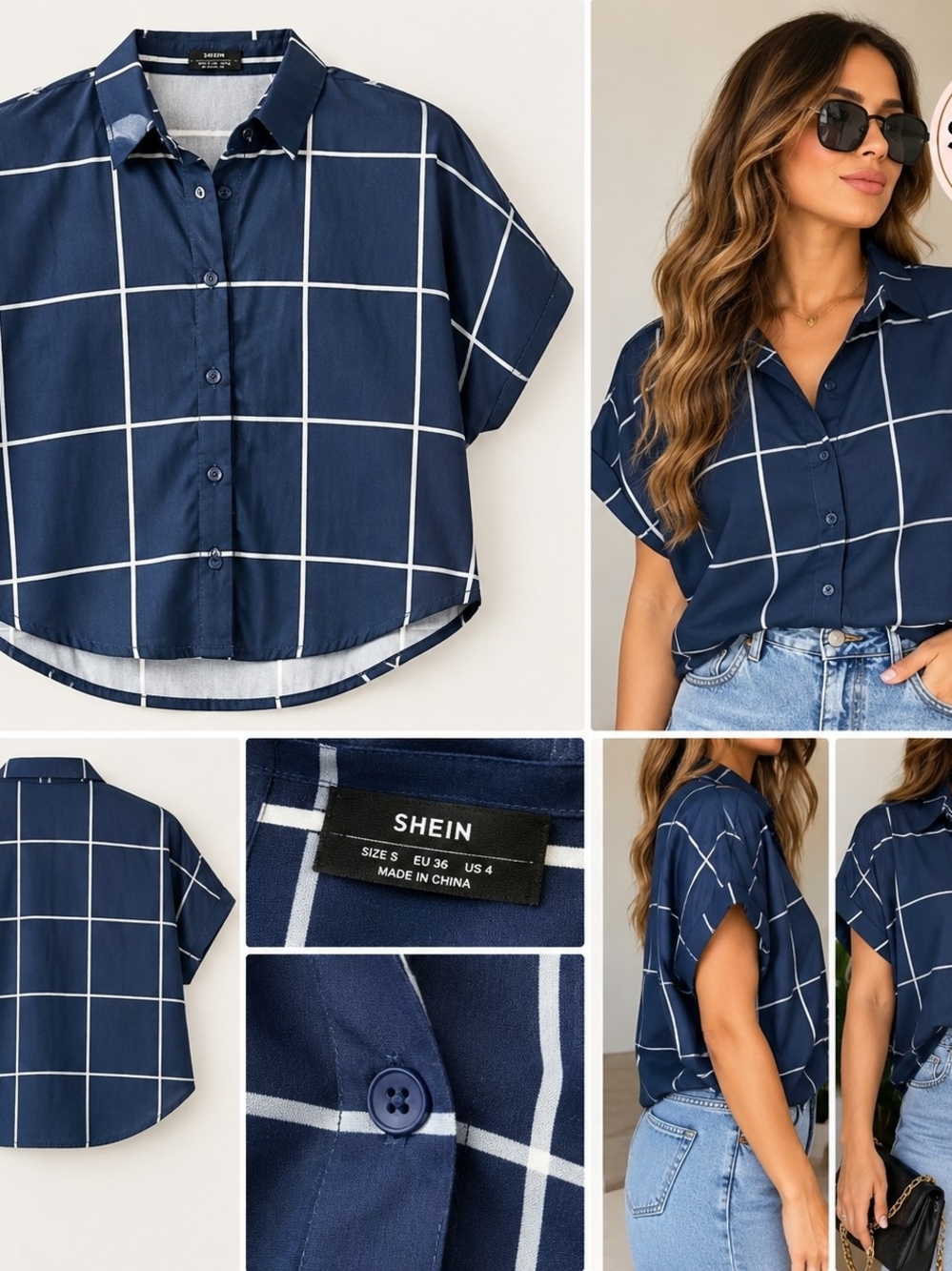 SHEIN Navy Blue Windowpane Short Sleeve Button-Down Shirt